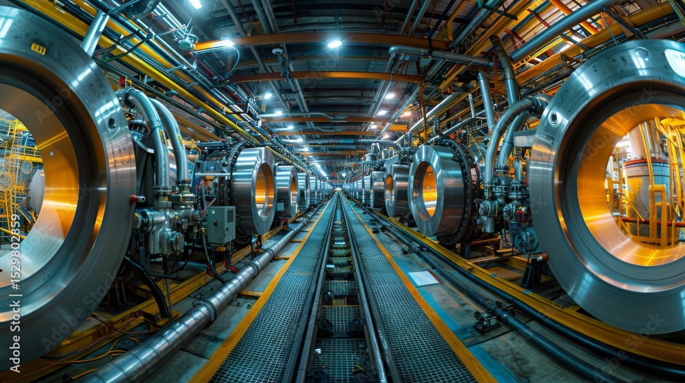 Fototapeta premium An intricate industrial setting featuring large metallic structures and glowing lights, highlighting the fusion of technology and engineering in a modern environment.