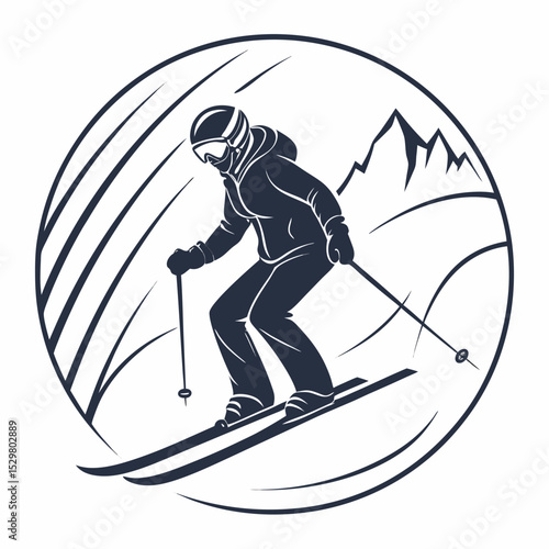 Female skier skiing down snowy mountain slope winter sports