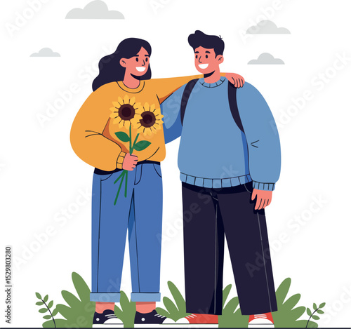 Young couple standing together with sunflowers and backpacks in casual clothes outdoor vector illustration 
