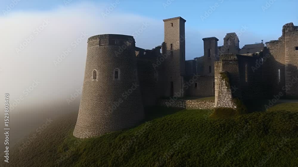 Ruined stone castle in misty landscape Ruined stone castle in misty landscape