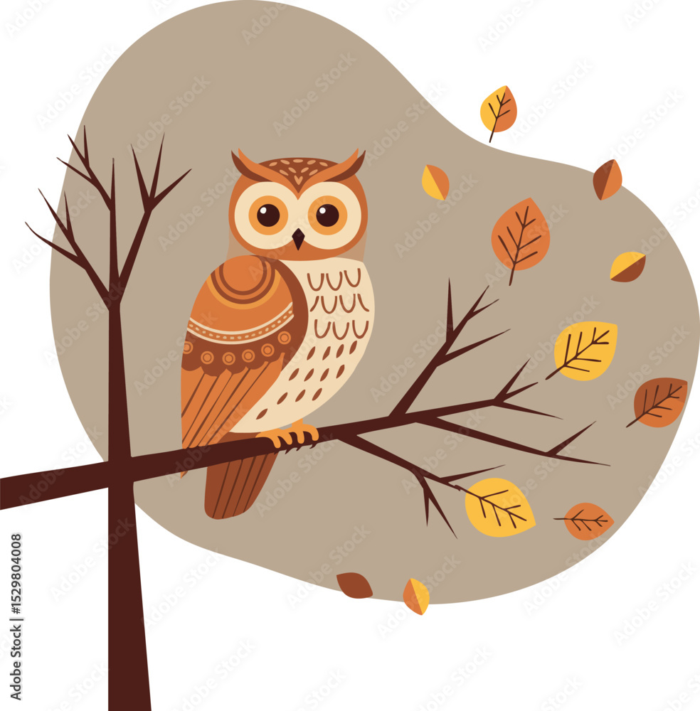 Fototapeta premium Brown owl perched on tree branch with autumn leaves vector illustration natural scene