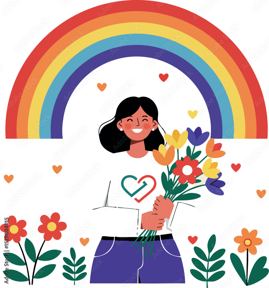 Woman Holding Colorful Flowers Under Rainbow with Heart Design Shirt Vector Illustration Woman Holding Colorful Flowers Under Rainbow with Heart Design Shirt Vector Illustration