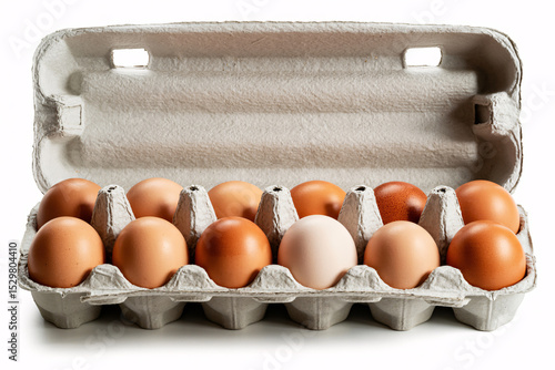 A dozen fresh brown eggs and one white egg in an open recyclable cardboard egg carton on a white background