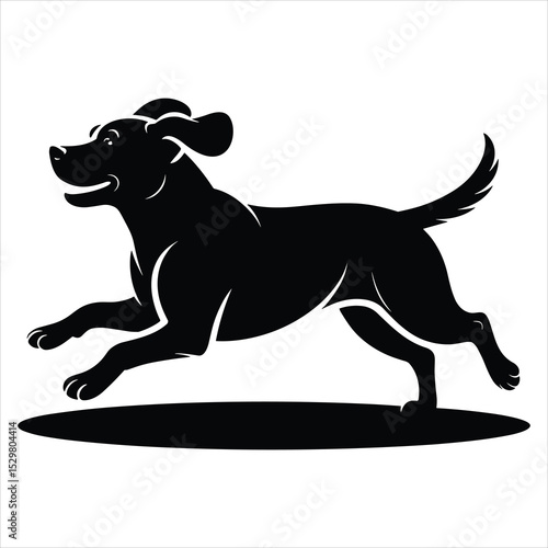 a medium-sized dog running energetically on flat ground side profile view with all four legs visible in motion
