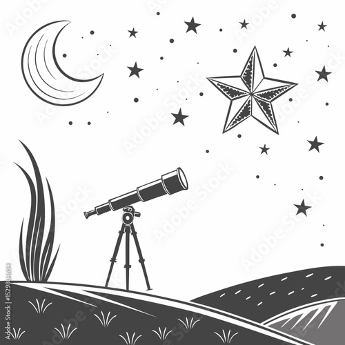 Telescope on hillside observing night sky stars moon