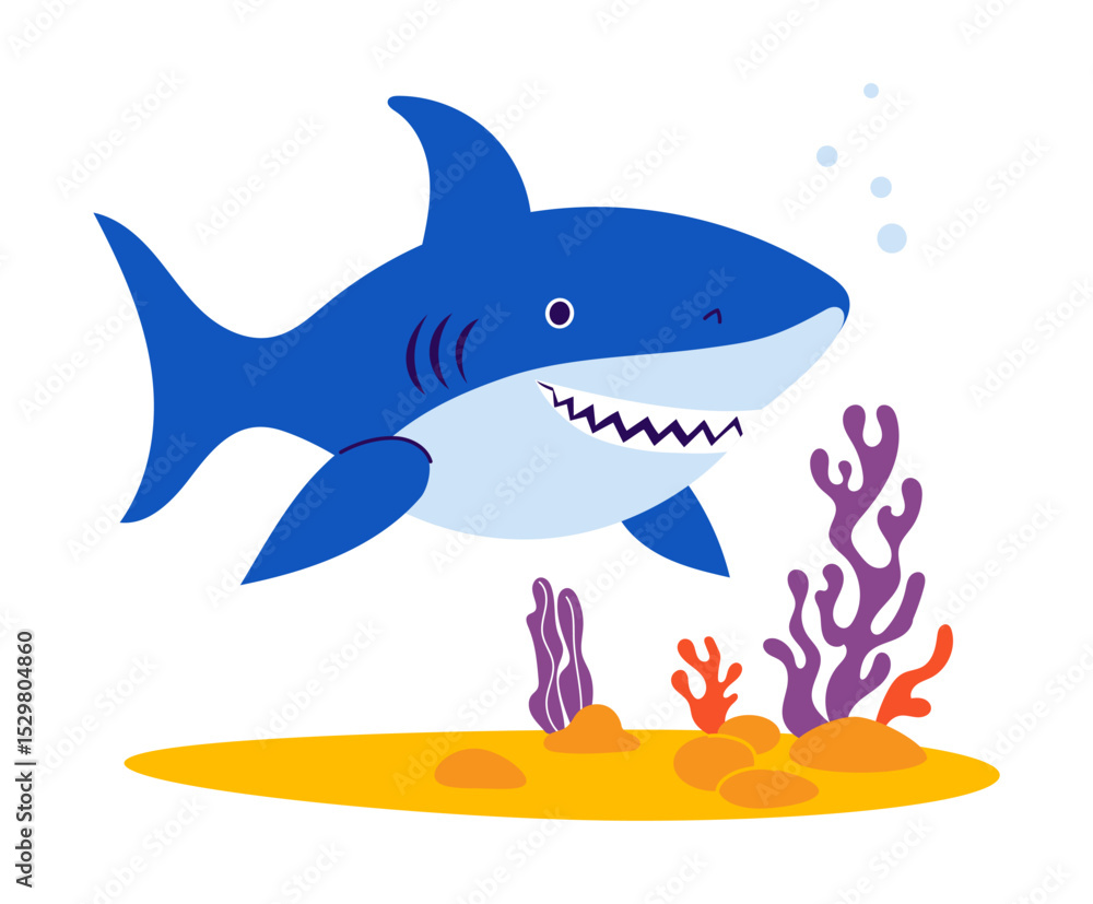 Obraz premium Cute Shark with algae and coral on seabed. Vector illustration