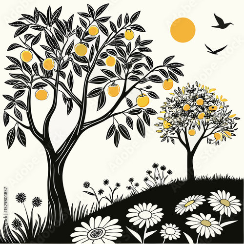 Two stylized orange trees with yellow fruit and daisies