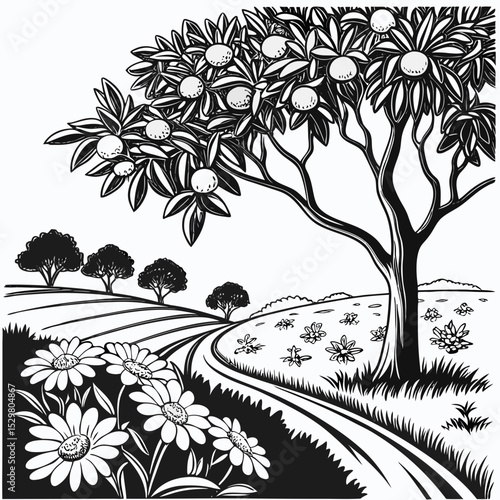 Black and white illustration of a countryside scene with fruit trees and flowers