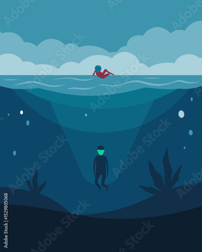 The surface of the water is a false sanctuary masking the treacherous depths below where the person is ped drowning in a sea of lies.. Vector illustration