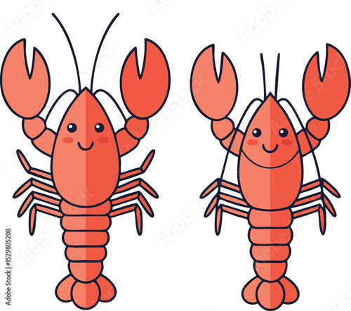 Two happy red lobsters cartoon vector illustration with smiling faces and claws up