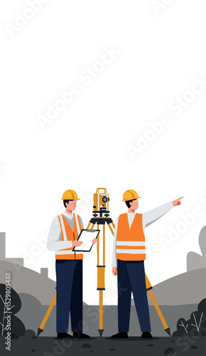 Construction workers using surveying equipment on site in safety gear vector illustration 