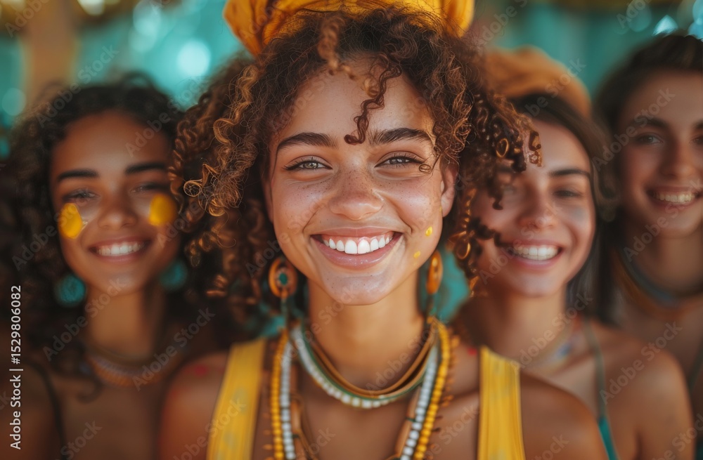 Fototapeta premium A vibrant group of young women showcases happiness through their bright smiles while adorned with colorful accessories, embodying youth and friendship in a lively outdoor setting.