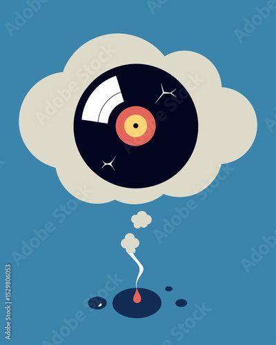 A thought bubble with a cracked record playing the same negative thoughts on repeat.. Vector illustration