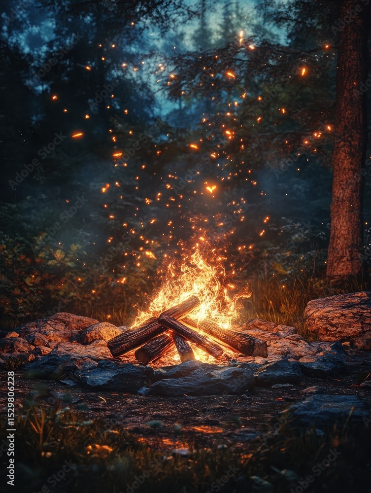 Flames dance in a cozy campfire setting during a night gathering in the wilderness Flames dance in a cozy campfire setting during a night gathering in the wilderness