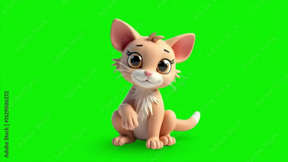 Animated cat with a warm tan coat and big round eyes sits upright on a green screen background Animated cat with a warm tan coat and big round eyes sits upright on a green screen background