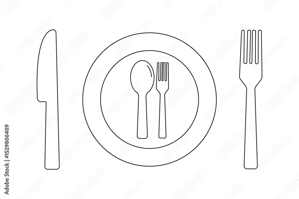 Tableware thin line icon set of fork, knife, spoon. cutlery knife, spoon and plate icons. Tableware thin line icon set of fork, knife, spoon. cutlery knife, spoon and plate icons.