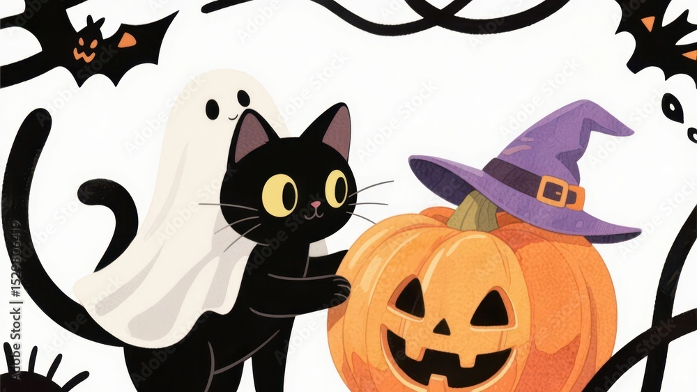 Fototapeta premium Whimsical Halloween scene with a black cat, a cute ghost, and a jack-o'-lantern topped with a witch's hat surrounded by bats and vines .