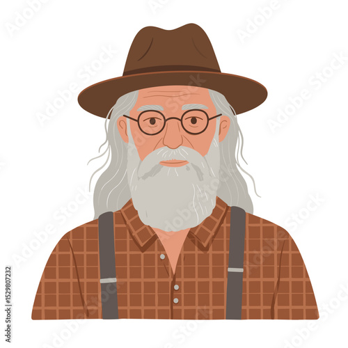 Elderly man with glasses and hat smiling in casual plaid shirt  