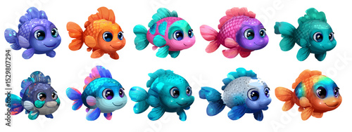 Adorable Set of Cute Cartoon Fish Illustrations Perfect for Stickers, Prints, and More
