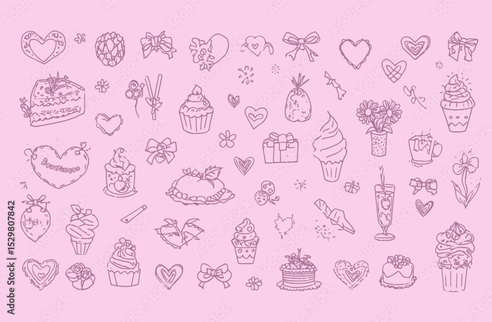 Fototapeta premium Whimsical Line Art Illustrations A Collection of Cute Desserts, Hearts, and Romantic Elements