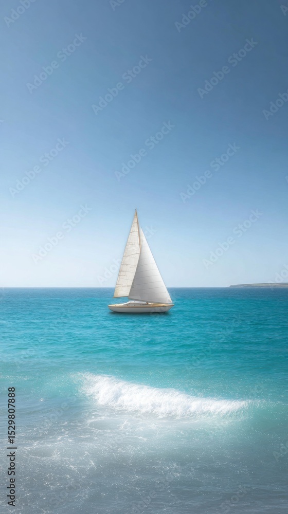 Obraz premium Solitary Sailboat on a Calm Azure Sea Under a Bright Blue Sky