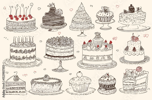 Hand-Drawn Collection of Delicious Cakes and Cupcakes Perfect for Wedding Invitations, Bakery Menus, and More