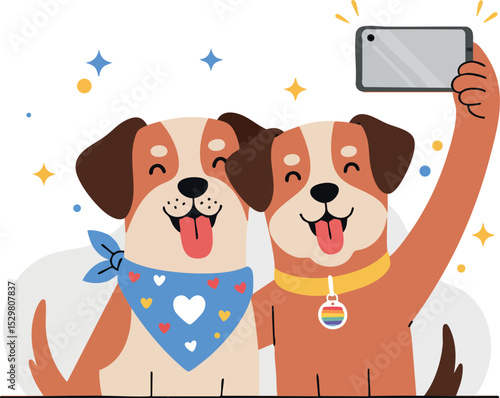 Two happy dogs taking selfie with smartphone in colorful cartoon style 