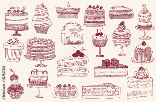 Hand-Drawn Collection of Delicious Cakes and Cupcakes Perfect for Baking Blogs, Recipes, and Dessert Menus