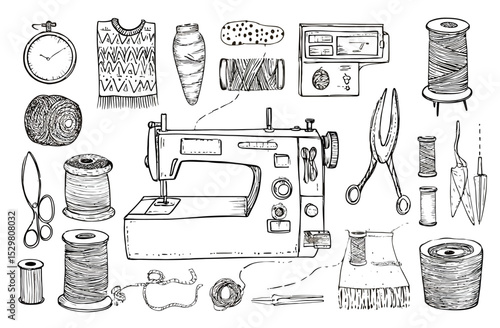 Hand-Drawn Sewing Machine and Tools Illustration Doodle Style Vector Graphics