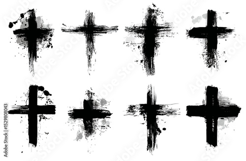 Grunge Style Plus Signs Set of Eight Hand-Painted Crosses