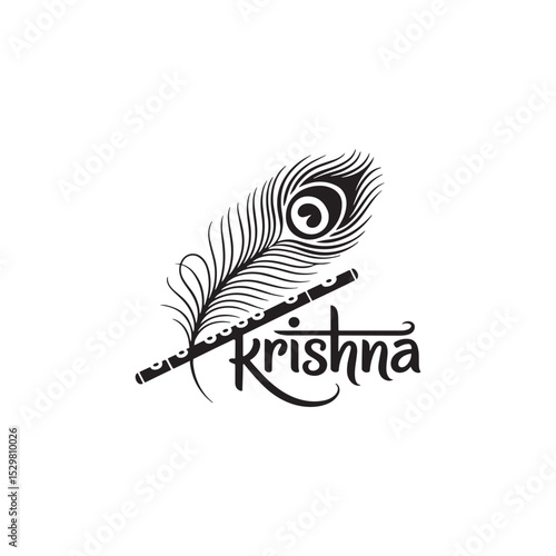 Krishna text design with flute and peacock feather in traditional hindu spiritual black and white art style or Krishna logo