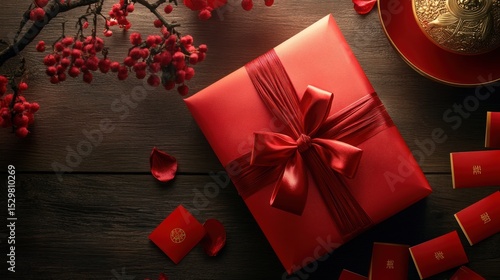 Red gift box, festive wrapping, traditional Chinese