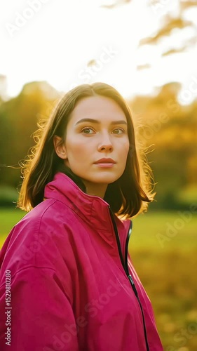 Contemplative Woman in Pink Jacket Gazing at Sunset in Autumn Forest Landscape