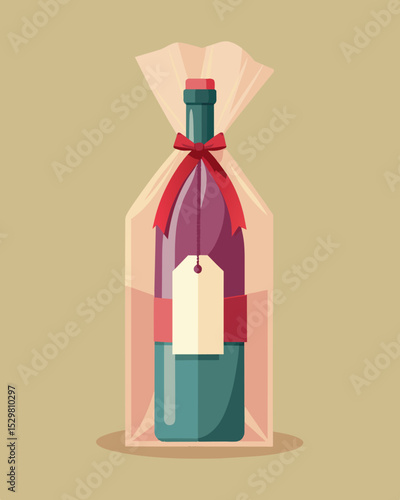 A bottle of wine in a fancy padded box wrapped in plastic with a plastic bow and tag all contained in a plastic bag for giftgiving.. Vector illustration