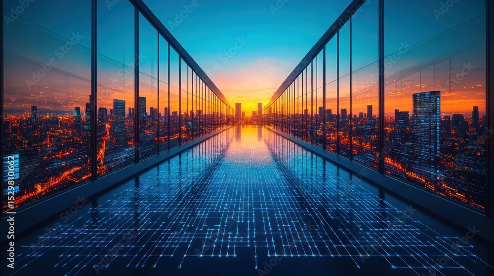 Obraz premium Urban cityscape corridor with digital network