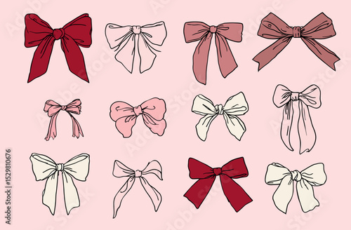 Cute Coquette Bow Vector Set 12 Hand-Drawn Illustrations