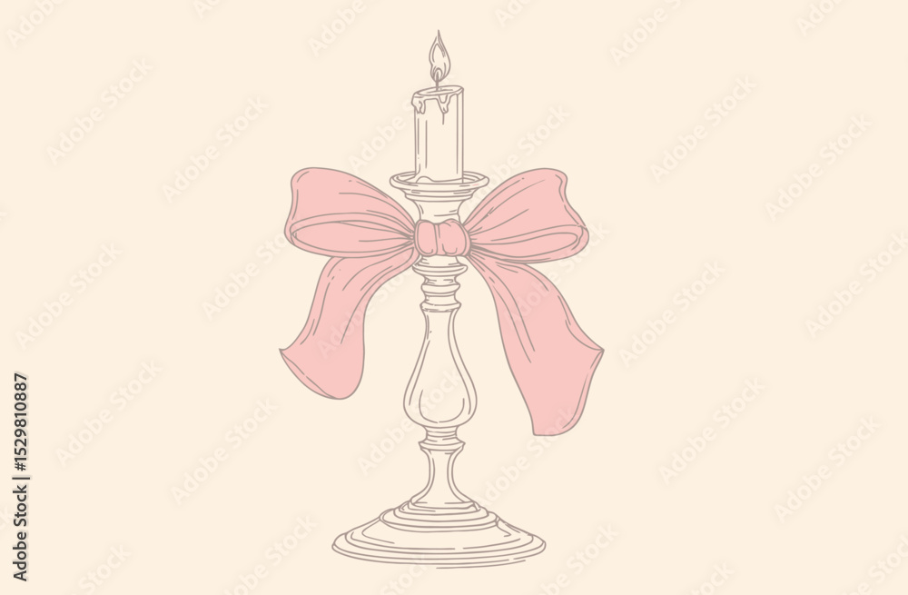 Obraz premium Elegant Vintage Candle Holder with Pink Bow Illustration
