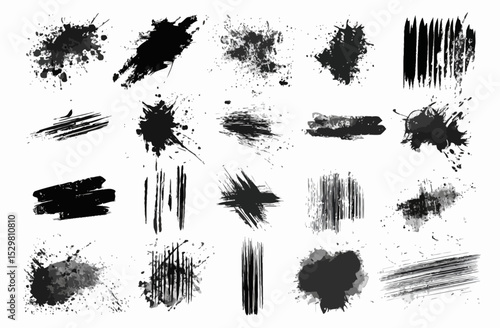 High-Resolution Black Ink Splatter and Brush Stroke Collection