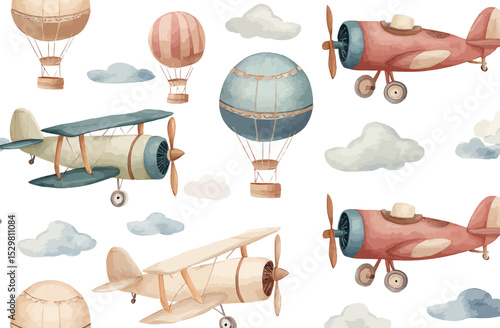 Adorable Watercolor Airplanes and Hot Air Balloons Seamless Pattern
