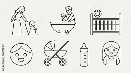 Adorable line art illustration of parenthood and baby icons with transparency