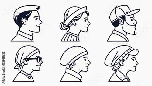 Six illustrated head portraits of people with various hats and simple outlines