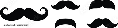 Black mustache icon set with various facial hair styles and shapes in minimalist silhouette format