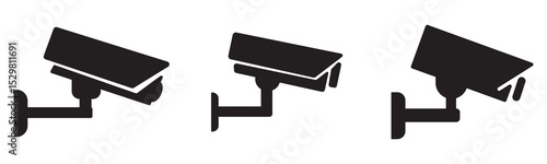 CCTV surveillance camera icon set in black silhouette for security, monitoring, and safety applications