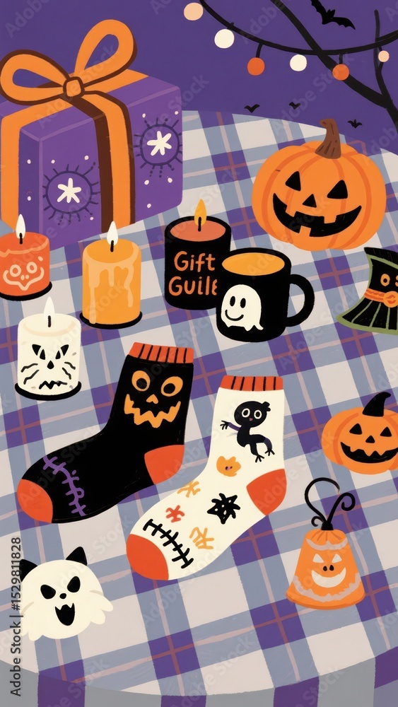 A vibrant Halloween picnic scene featuring gifts, pumpkins, candles, and socks on a plaid blanket, illuminated by string lights and bats silhouetted against a purple sky . A vibrant Halloween picnic scene featuring gifts, pumpkins, candles, and socks on a plaid blanket, illuminated by string lights and bats silhouetted against a purple sky .