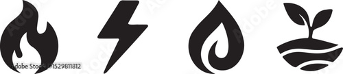 Energy and element icon set in black silhouettes representing fire, electricity, water, and eco plant growth