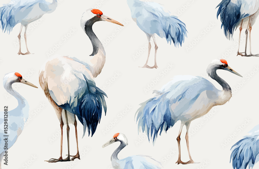 Obraz premium Elegant Watercolor Crane Pattern Seamless Design for Fabric, Wallpaper, and More