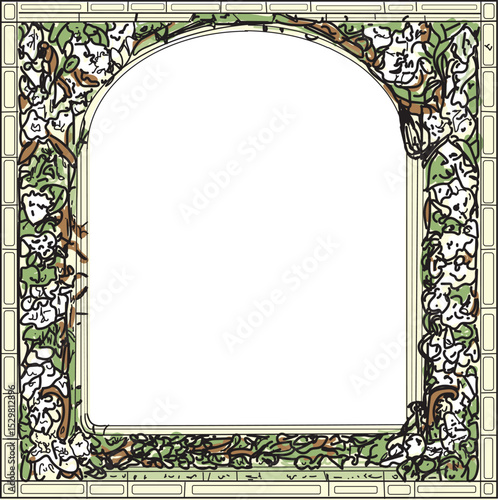 Floral, stained glass style baroque border with vines and white flowers, frame for invitation or card