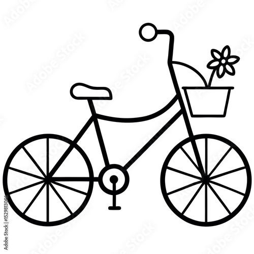 Black Line Art Bicycle with Flower Basket bike black and white