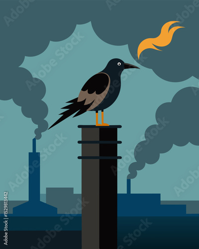 A lone bird perches atop the smokestack its feathers coated in soot from the neverending burning of waste.. Vector illustration