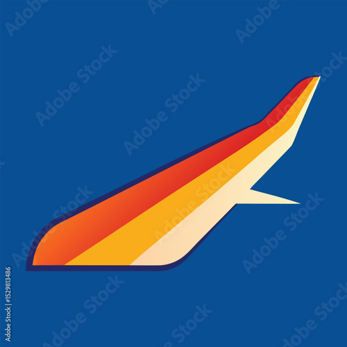 Airplane wing illustration featuring red orange yellow stripes on royal blue background